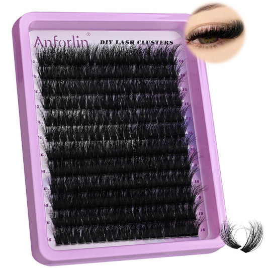 Anforlin 14-16mm 100D Thick Volume Lash Clusters - 240 Pcs D Curl Plant Fiber False Lashes for DIY at Home