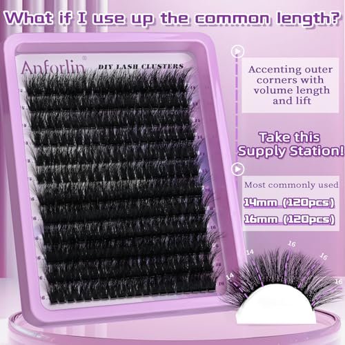 Anforlin 14-16mm 100D Thick Volume Lash Clusters - 240 Pcs D Curl Plant Fiber False Lashes for DIY at Home - görsel 4