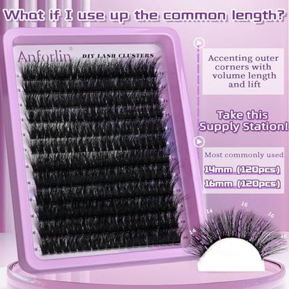 Anforlin 14-16mm 100D Thick Volume Lash Clusters - 240 Pcs D Curl Plant Fiber False Lashes for DIY at Home