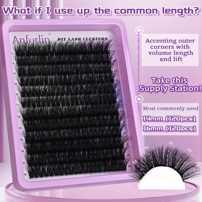 Anforlin 14-16mm 100D Thick Volume Lash Clusters - 240 Pcs D Curl Plant Fiber False Lashes for DIY at Home