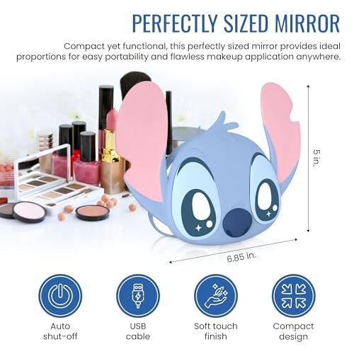 Impressions Vanity Stitch Ohana LED Compact Mirror with Lights - Lighted Travel Makeup Mirror, 3X Magnification, Adjustable Brightness, Soft Touch Velvety Finish, Auto Shut-Off, Blue - görsel 8