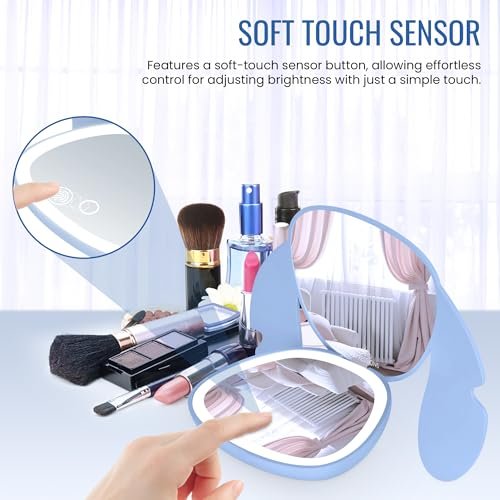 Impressions Vanity Stitch Ohana LED Compact Mirror with Lights - Lighted Travel Makeup Mirror, 3X Magnification, Adjustable Brightness, Soft Touch Velvety Finish, Auto Shut-Off, Blue - görsel 6