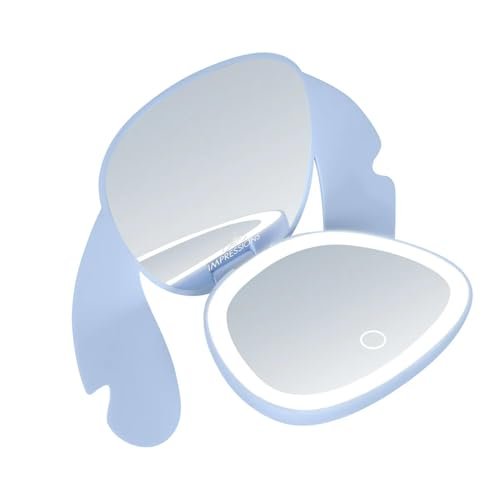 Impressions Vanity Stitch Ohana LED Compact Mirror with Lights - Lighted Travel Makeup Mirror, 3X Magnification, Adjustable Brightness, Soft Touch Velvety Finish, Auto Shut-Off, Blue - görsel 16
