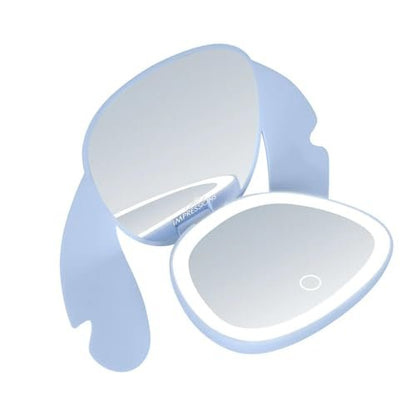 Impressions Vanity Stitch Ohana LED Compact Mirror with Lights - Lighted Travel Makeup Mirror, 3X Magnification, Adjustable Brightness, Soft Touch Velvety Finish, Auto Shut-Off, Blue
