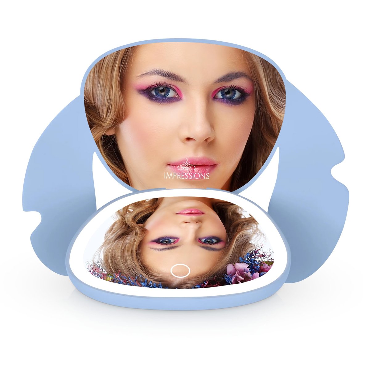 Impressions Vanity Stitch Ohana LED Compact Mirror with Lights - Lighted Travel Makeup Mirror, 3X Magnification, Adjustable Brightness, Soft Touch Velvety Finish, Auto Shut-Off, Blue - görsel 1