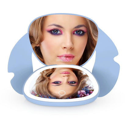 Impressions Vanity Stitch Ohana LED Compact Mirror with Lights - Lighted Travel Makeup Mirror, 3X Magnification, Adjustable Brightness, Soft Touch Velvety Finish, Auto Shut-Off, Blue