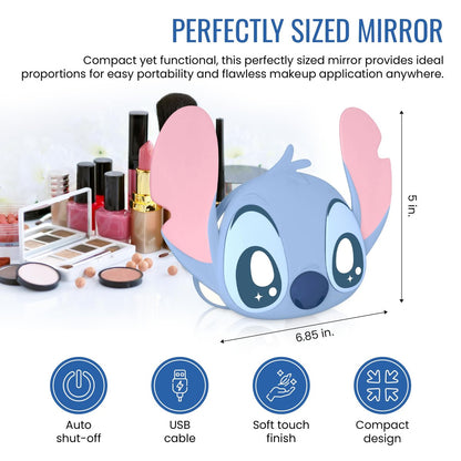 Impressions Vanity Stitch Ohana LED Compact Mirror with Lights - Lighted Travel Makeup Mirror, 3X Magnification, Adjustable Brightness, Soft Touch Velvety Finish, Auto Shut-Off, Blue
