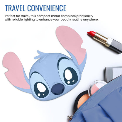 Impressions Vanity Stitch Ohana LED Compact Mirror with Lights - Lighted Travel Makeup Mirror, 3X Magnification, Adjustable Brightness, Soft Touch Velvety Finish, Auto Shut-Off, Blue