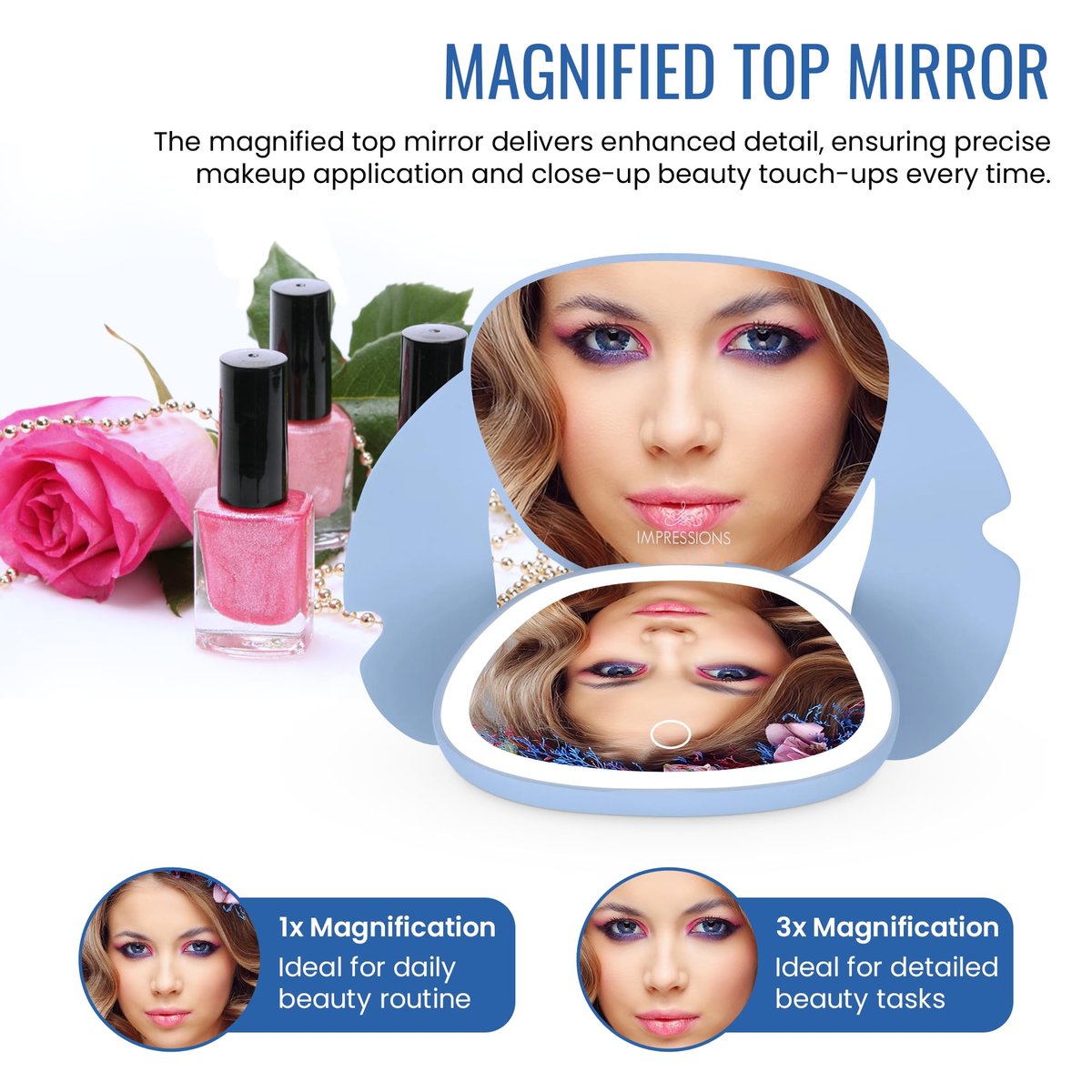 Impressions Vanity Stitch Ohana LED Compact Mirror with Lights - Lighted Travel Makeup Mirror, 3X Magnification, Adjustable Brightness, Soft Touch Velvety Finish, Auto Shut-Off, Blue - görsel 9