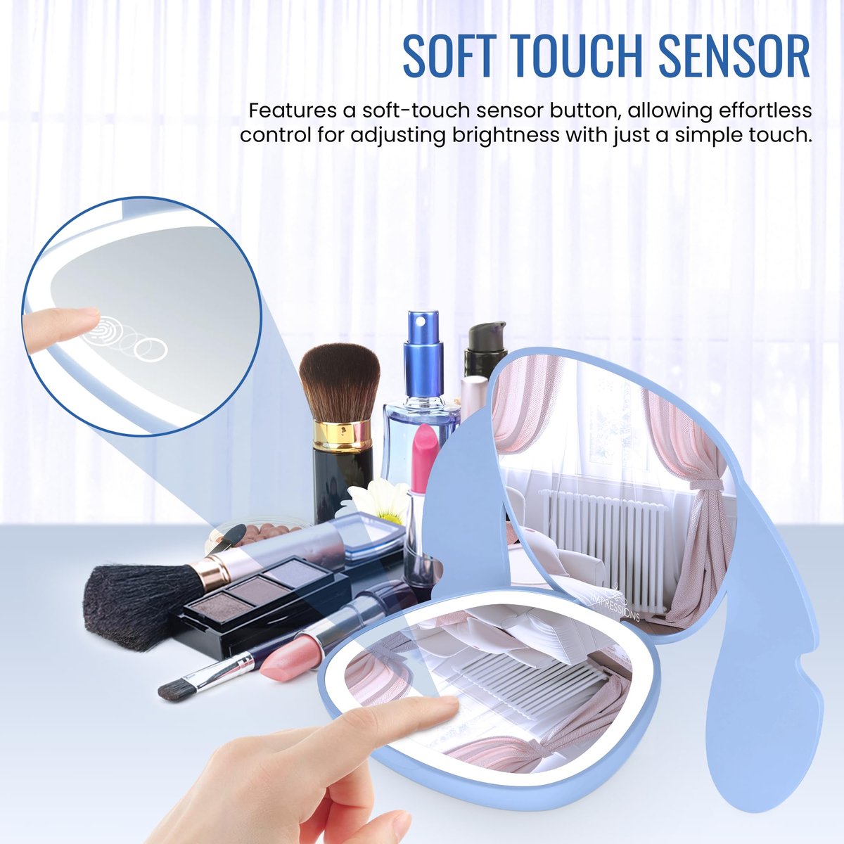 Impressions Vanity Stitch Ohana LED Compact Mirror with Lights - Lighted Travel Makeup Mirror, 3X Magnification, Adjustable Brightness, Soft Touch Velvety Finish, Auto Shut-Off, Blue - görsel 5