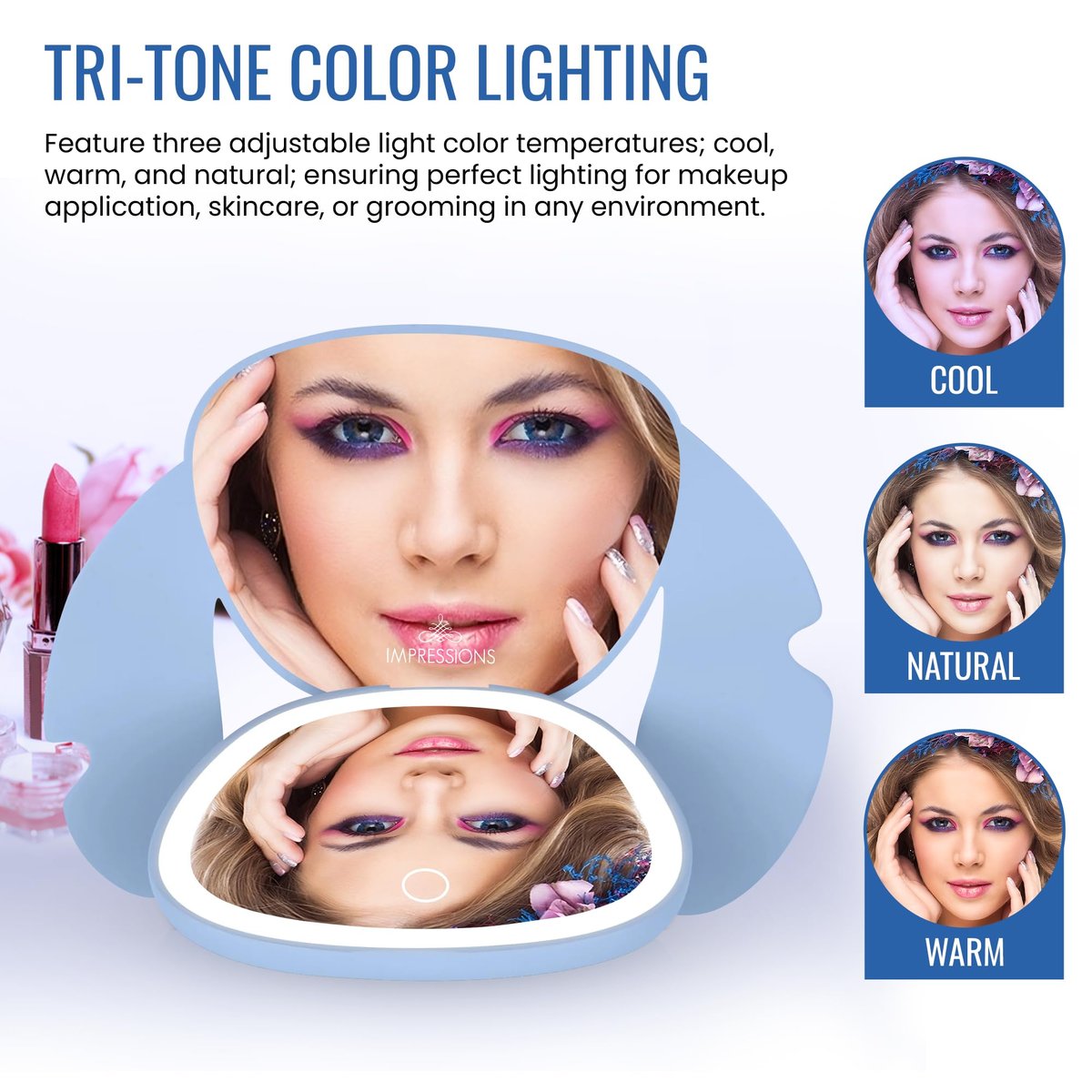 Impressions Vanity Stitch Ohana LED Compact Mirror with Lights - Lighted Travel Makeup Mirror, 3X Magnification, Adjustable Brightness, Soft Touch Velvety Finish, Auto Shut-Off, Blue - görsel 3