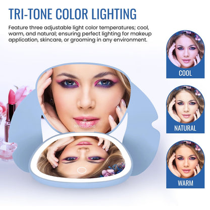 Impressions Vanity Stitch Ohana LED Compact Mirror with Lights - Lighted Travel Makeup Mirror, 3X Magnification, Adjustable Brightness, Soft Touch Velvety Finish, Auto Shut-Off, Blue