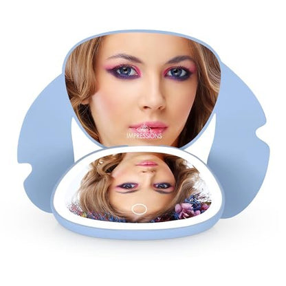 Impressions Vanity Stitch Ohana LED Compact Mirror with Lights - Lighted Travel Makeup Mirror, 3X Magnification, Adjustable Brightness, Soft Touch Velvety Finish, Auto Shut-Off, Blue