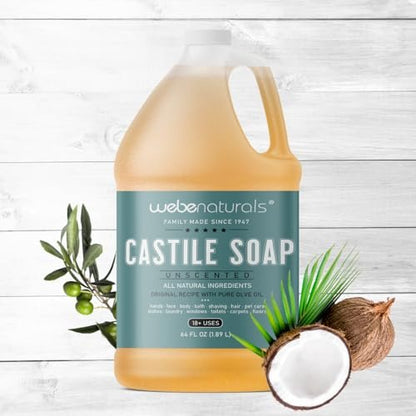 WEBE Pure Unscented Castile Liquid Soap Refill, 64 oz – Vegan, Gluten-Free, Non-GMO Multi-Purpose Soap for Face, Body, Dishes, Laundry & Pets Avelisse