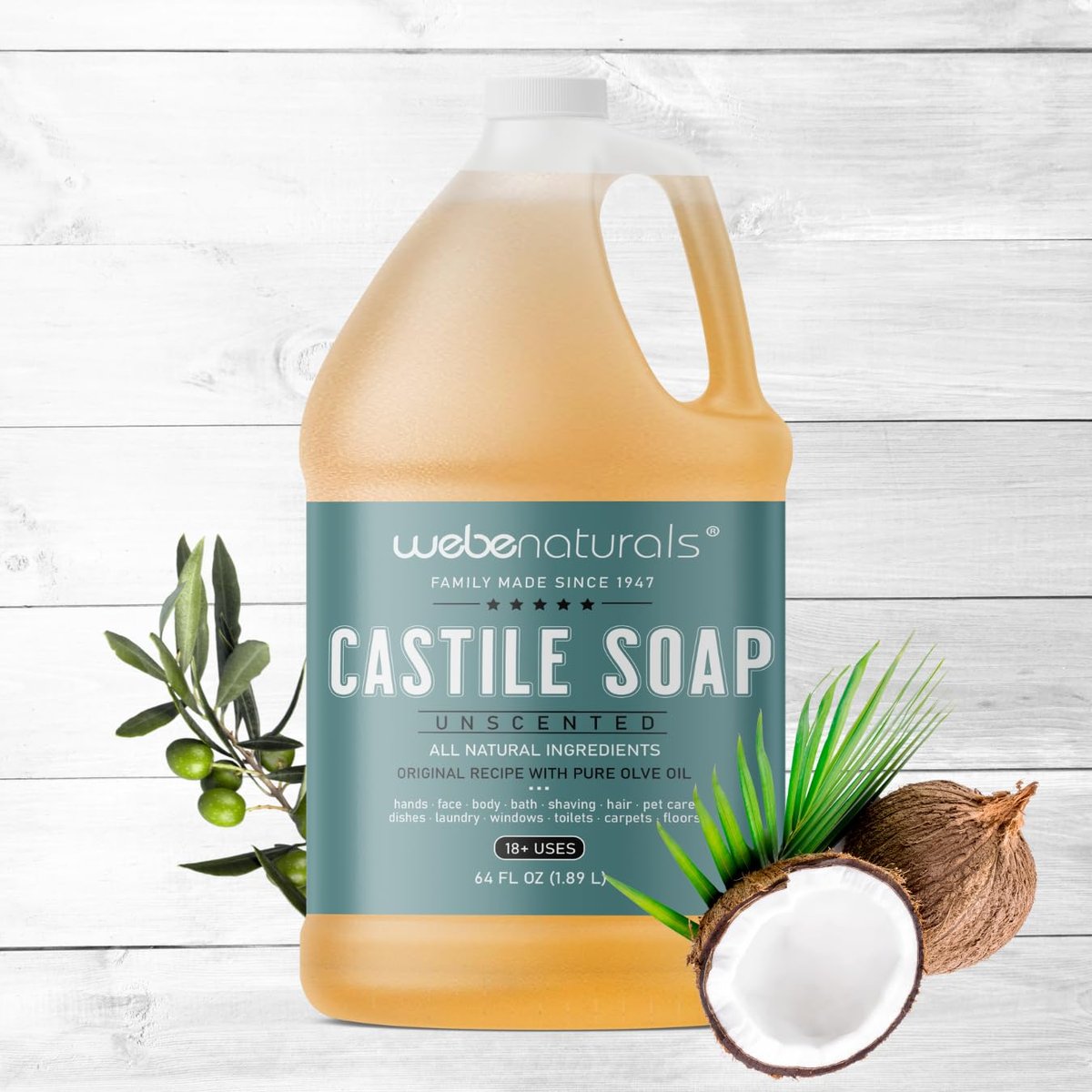 WEBE Pure Unscented Castile Liquid Soap Refill, 64 oz – Vegan, Gluten-Free, Non-GMO Multi-Purpose Soap for Face, Body, Dishes, Laundry & Pets Avelisse