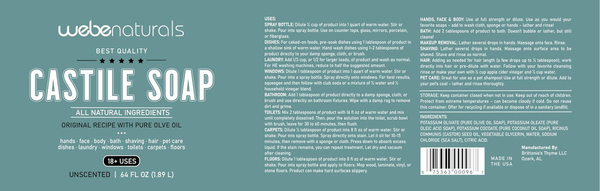 WEBE Pure Unscented Castile Liquid Soap Refill, 64 oz – Vegan, Gluten-Free, Non-GMO Multi-Purpose Soap for Face, Body, Dishes, Laundry & Pets Avelisse