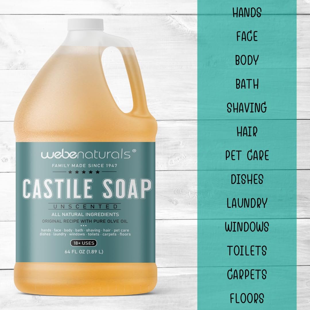 WEBE Pure Unscented Castile Liquid Soap Refill, 64 oz – Vegan, Gluten-Free, Non-GMO Multi-Purpose Soap for Face, Body, Dishes, Laundry & Pets Avelisse