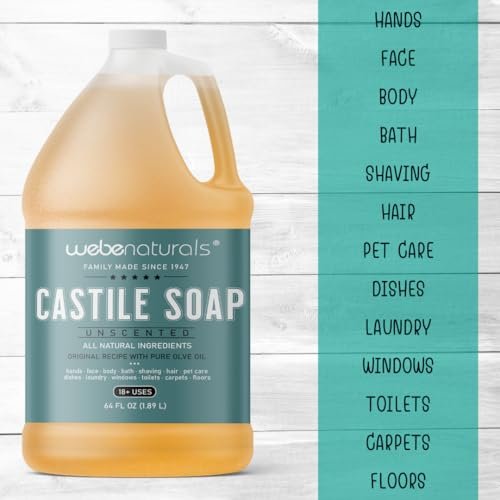WEBE Pure Unscented Castile Liquid Soap Refill, 64 oz – Vegan, Gluten-Free, Non-GMO Multi-Purpose Soap for Face, Body, Dishes, Laundry & Pets Avelisse