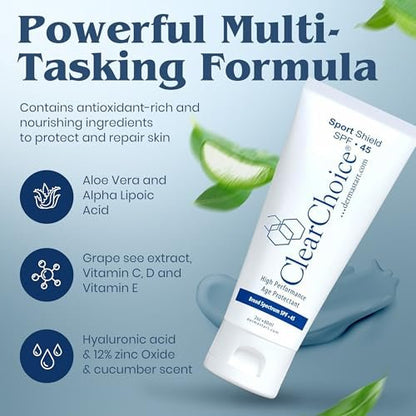 Clear Choice Sport Shield SPF 45 Mineral Sunscreen & Moisturizer – Non-Greasy Broad-Spectrum Face & Body SPF with Micronized Zinc Oxide, No White Cast, Dermatologist Recommended, 2 oz Avelisse