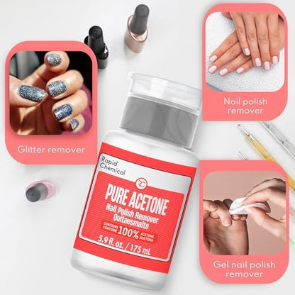 100% Pure Acetone Nail Polish Remover with Built-in Pump – 175ml / 6 fl. oz – Gel & Regular Polish Remover