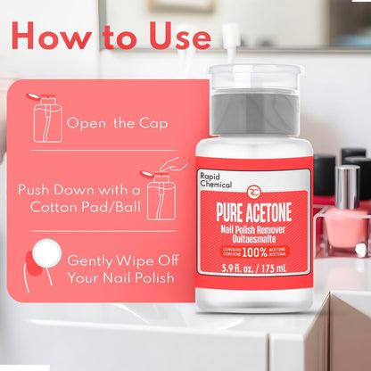 100% Pure Acetone Nail Polish Remover with Built-in Pump – 175ml / 6 fl. oz – Gel & Regular Polish Remover