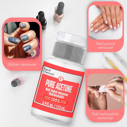 100% Pure Acetone Nail Polish Remover with Built-in Pump – 175ml / 6 fl. oz – Gel & Regular Polish Remover