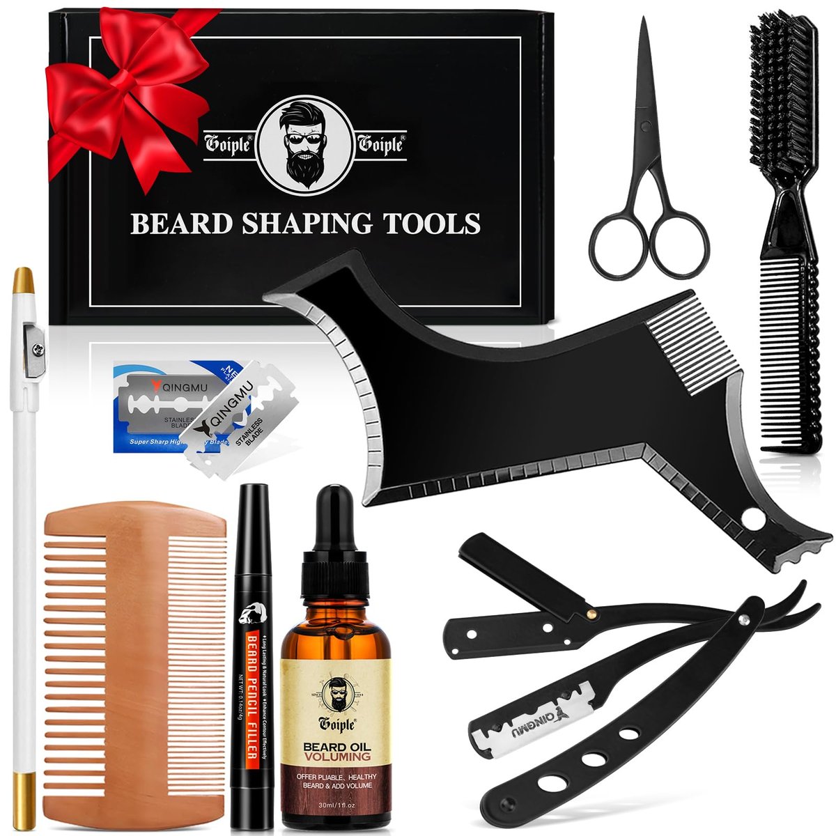 Beard Shaper for Men – Complete Beard Shaping Tool Kit with Straightener, Template Guide, Razor, Comb, Scissors, and Barber Pencil Avelisse