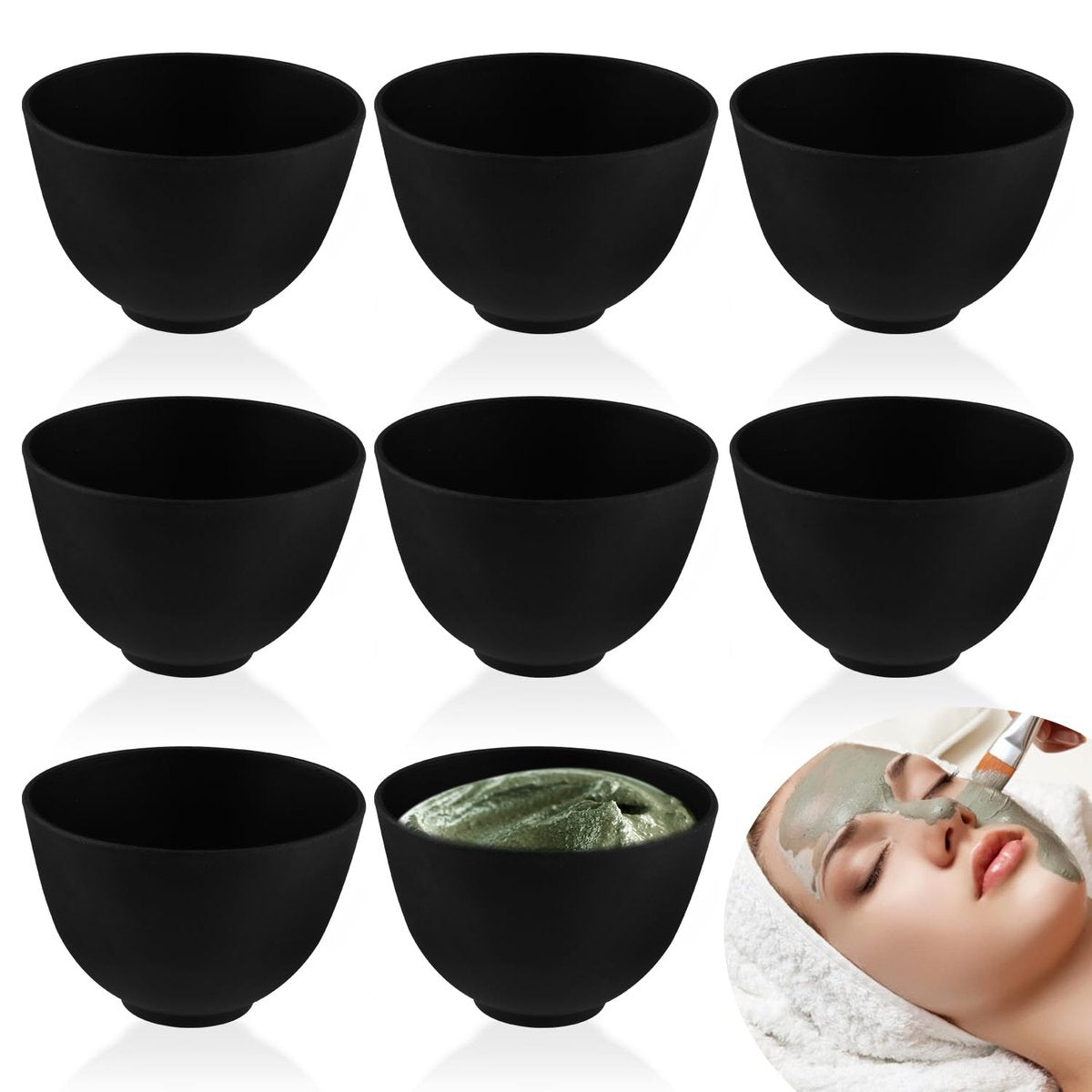 8 Pcs Silicone Facial Mask Mixing Bowl Set - Black, 10x6.8cm, DIY Skin Care Avelisse