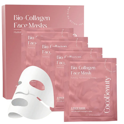 COCOBEAUTY Collagen Sheet Mask – Hydrating Korean Face Mask for Fine Lines & Anti-Aging, Deep Moisture, Radiant Skin Boost, Bio-Collagen Facial Masks (4 Pack)