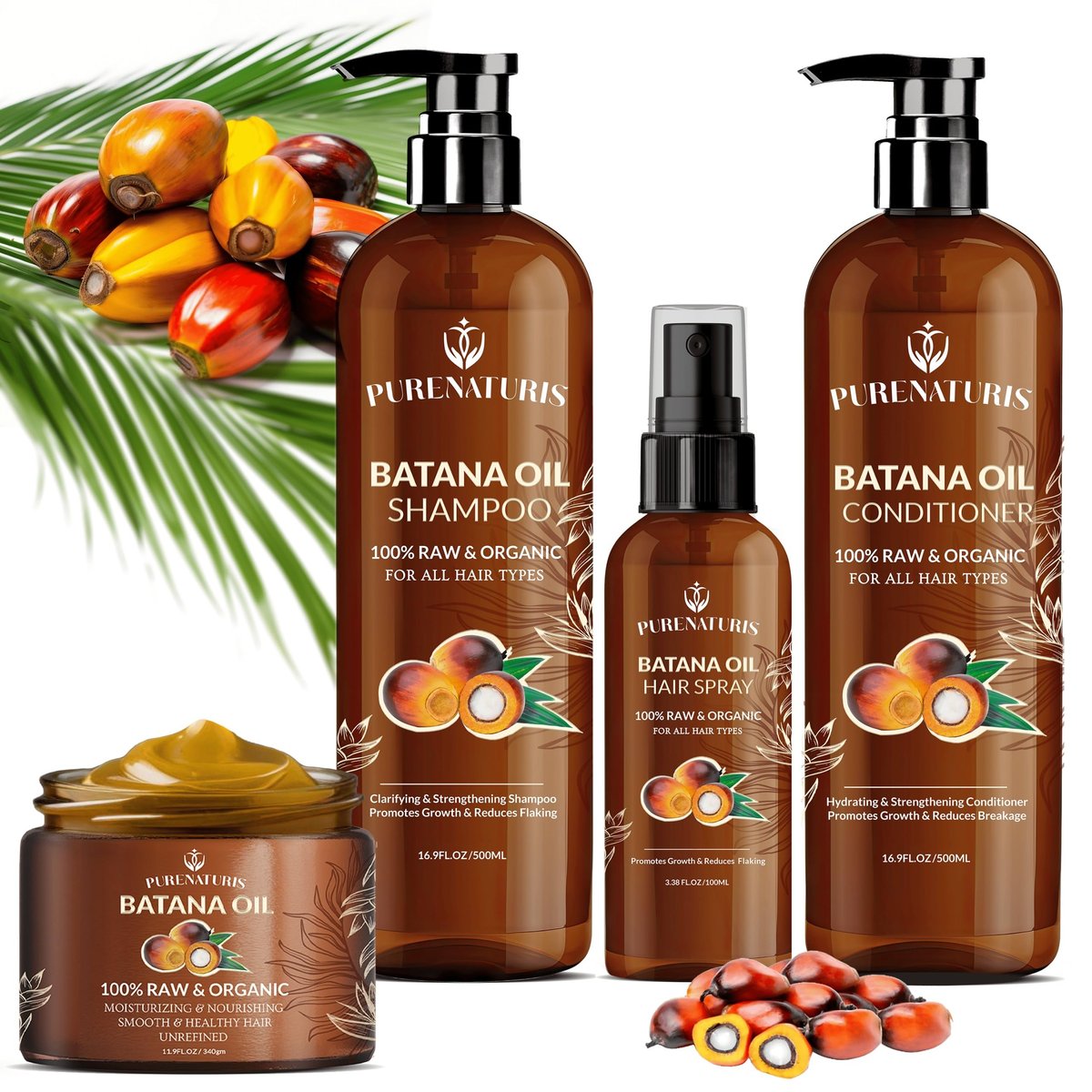 100% Natural Raw Organic Batana Oil Complete Hair Growth & Repair System Kit – Sulfate-Free Shampoo, Conditioner, Hair Mask & Leave-In Spray for Thickness & Anti-Hair Loss for Men Women Avelisse