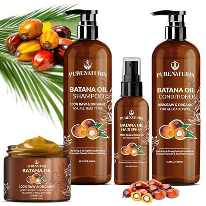 100% Natural Raw Organic Batana Oil Complete Hair Growth & Repair System Kit – Sulfate-Free Shampoo, Conditioner, Hair Mask & Leave-In Spray for Thickness & Anti-Hair Loss for Men Women Avelisse