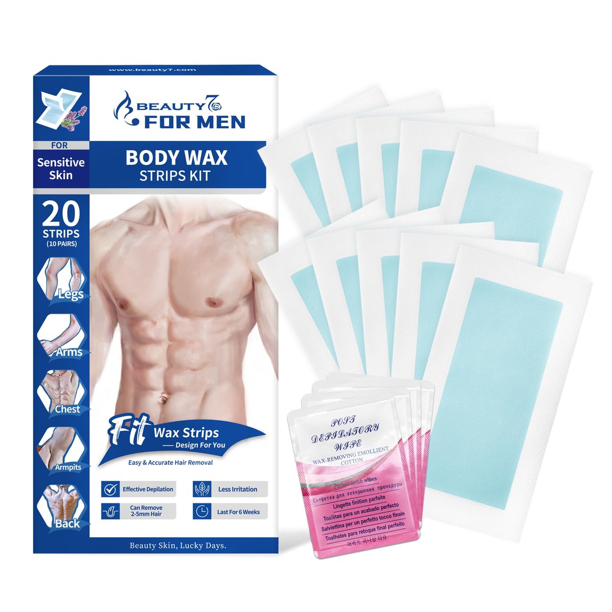 Beauty7 Men Wax Strips for Body - Ready to Use Waxing Strips, Facial Hair Removal Wax, Legs Arms Chest At Home Waxing Kit (20 Waxing Strips + 4 Calming Oil Wipes) - görsel 1