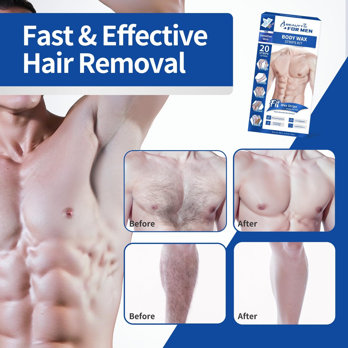 Beauty7 Men Wax Strips for Body - Ready to Use Waxing Strips, Facial Hair Removal Wax, Legs Arms Chest At Home Waxing Kit (20 Waxing Strips + 4 Calming Oil Wipes) - görsel 11