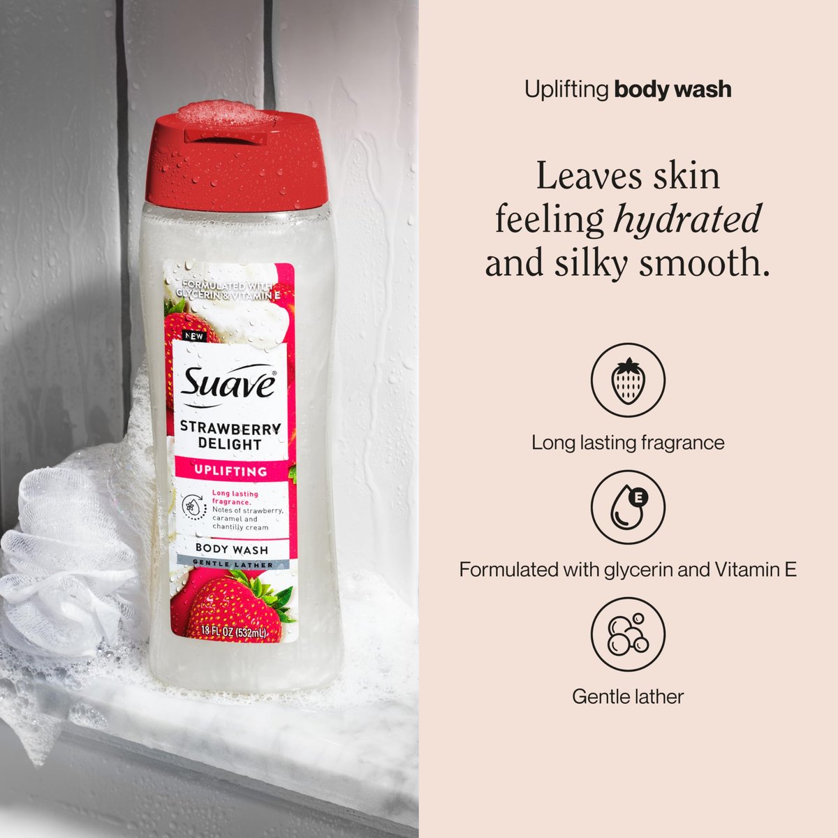 Suave Strawberry Delight Uplifting Body Wash, Hydrating Glycerin & Vitamin E Formula, 18 oz (6-Pack) - görsel 3