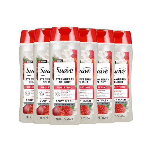 Suave Strawberry Delight Uplifting Body Wash, Hydrating Glycerin & Vitamin E Formula, 18 oz (6-Pack)