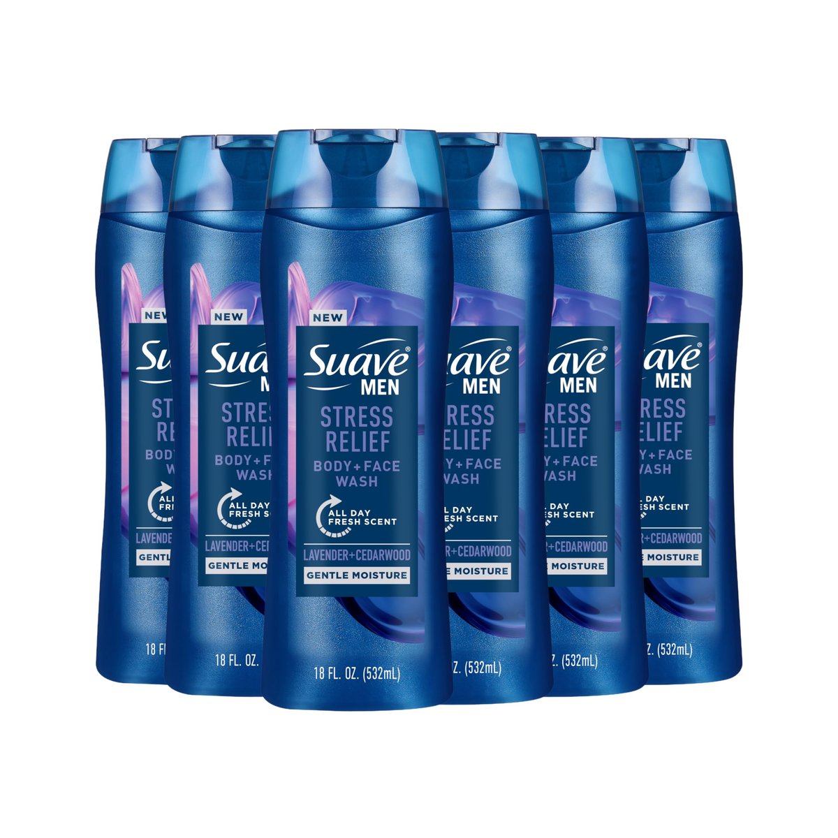 Suave Men's Stress Relief Body + Face Wash, Gentle Moisture with Lavender & Cedarwood All Day Fresh Scent, 18 oz (Pack of 6) Avelisse