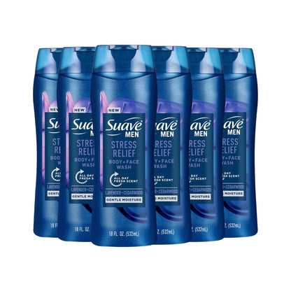 Suave Men's Stress Relief Body + Face Wash, Gentle Moisture with Lavender & Cedarwood All Day Fresh Scent, 18 oz (Pack of 6) Avelisse
