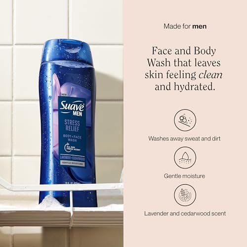 Suave Men's Stress Relief Body + Face Wash, Gentle Moisture with Lavender & Cedarwood All Day Fresh Scent, 18 oz (Pack of 6) Avelisse
