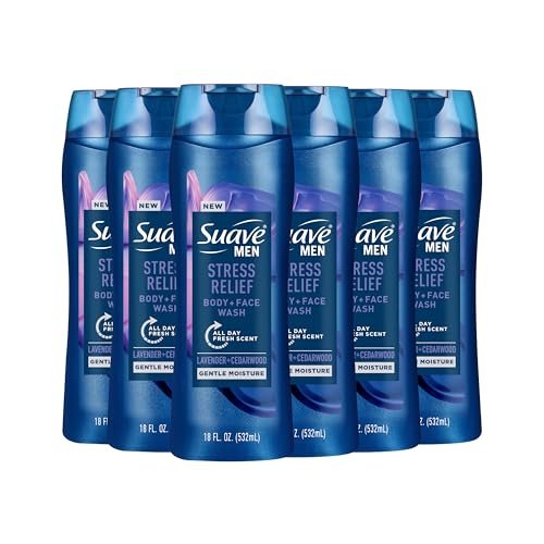 Suave Men's Stress Relief Body + Face Wash, Gentle Moisture with Lavender & Cedarwood All Day Fresh Scent, 18 oz (Pack of 6) Avelisse