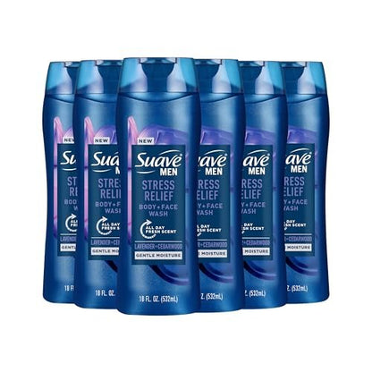 Suave Men's Stress Relief Body + Face Wash, Gentle Moisture with Lavender & Cedarwood All Day Fresh Scent, 18 oz (Pack of 6) Avelisse
