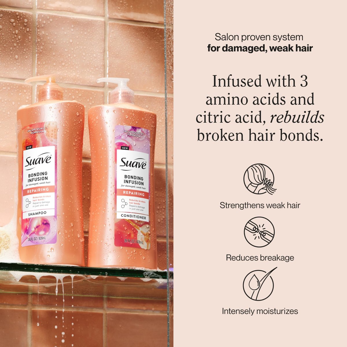 Suave Bonding Infusion Repairing Shampoo for Damaged Hair, pH Balanced with Amino Acids & Citric Acid, 28 oz Pump (Pack of 4) Avelisse
