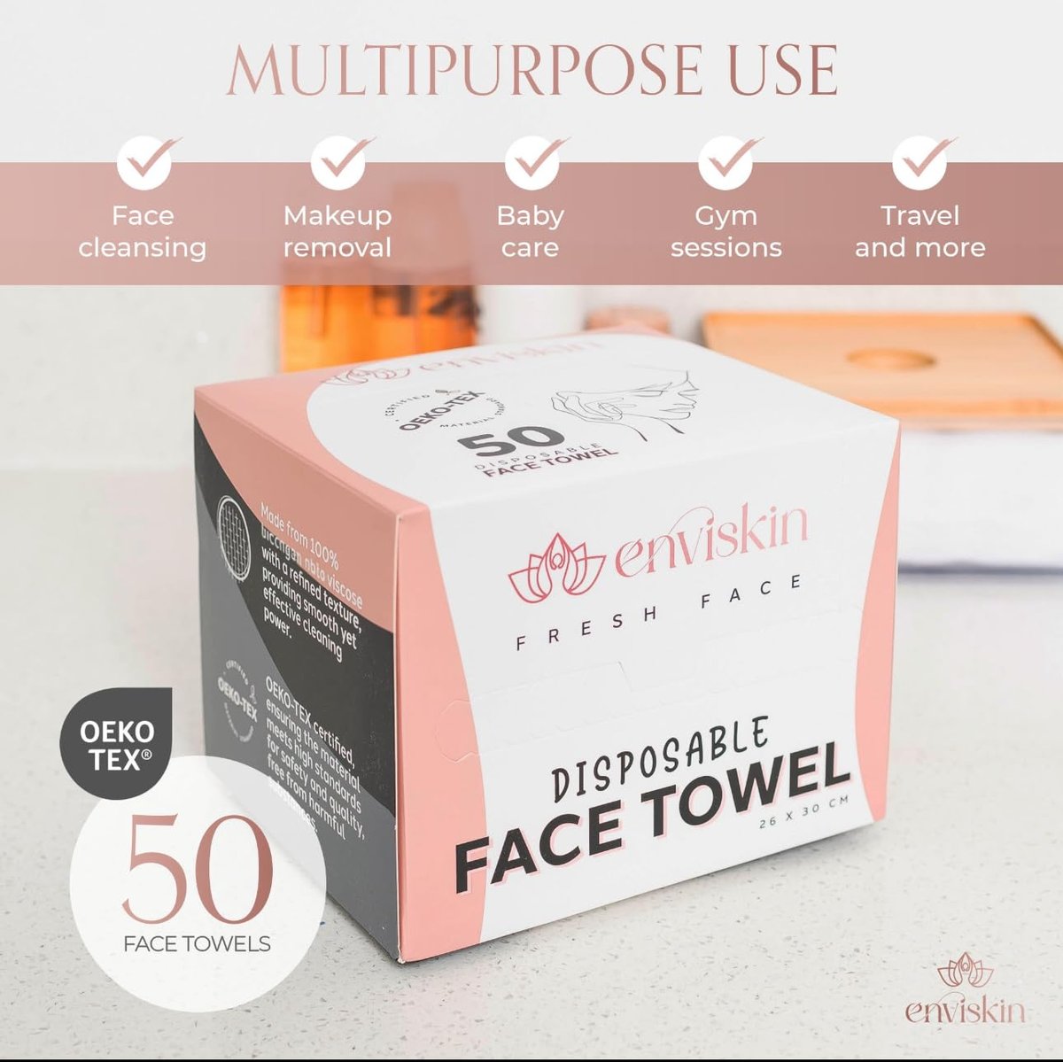 enviskin 50 Disposable Face Towels Plant-Based Makeup Remover Wipes for Sensitive Skin - XL Ultra Soft Single-Use Dry Facial Towellettes - görsel 3