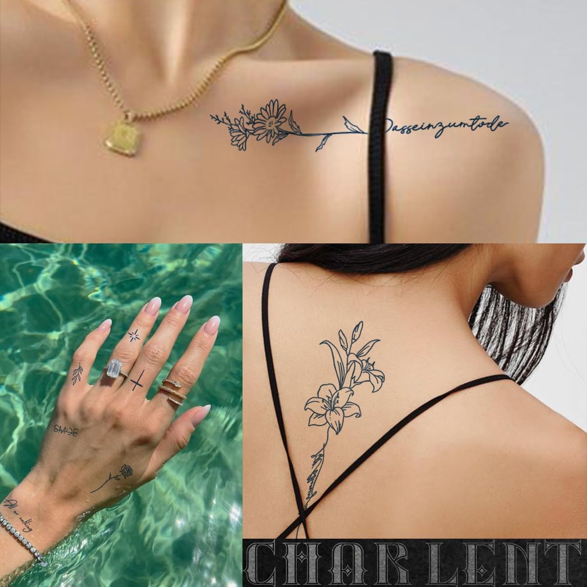 CHARLENT Semi-Permanent Tattoos for Adults – 2 Weeks Long Lasting Small Flower Words Tattoos, Minimal Line Art, Waterproof & Fades Naturally - görsel 11