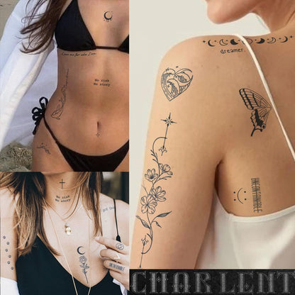 CHARLENT Semi-Permanent Tattoos for Adults – 2 Weeks Long Lasting Small Flower Words Tattoos, Minimal Line Art, Waterproof & Fades Naturally
