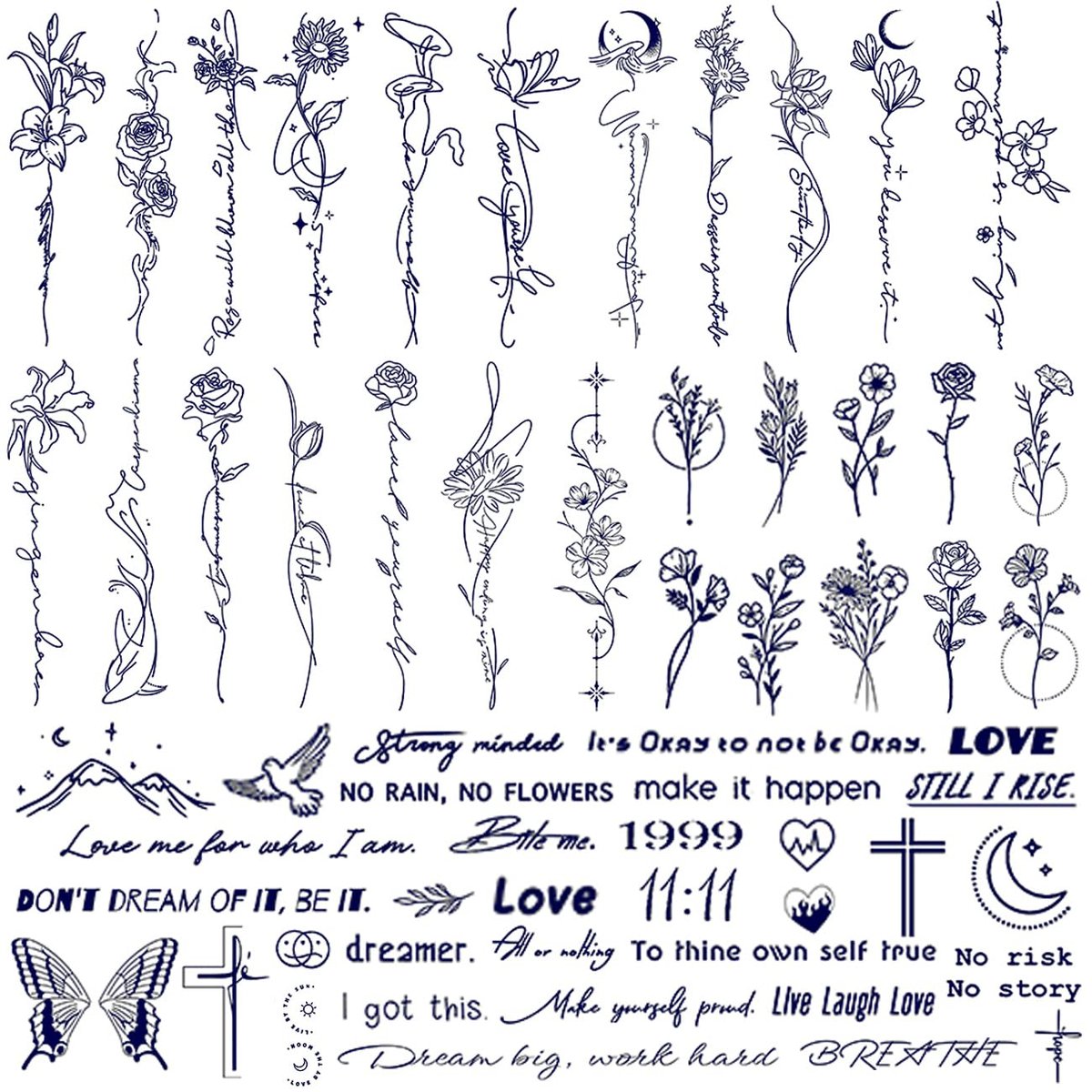 CHARLENT Semi-Permanent Tattoos for Adults – 2 Weeks Long Lasting Small Flower Words Tattoos, Minimal Line Art, Waterproof & Fades Naturally - görsel 1