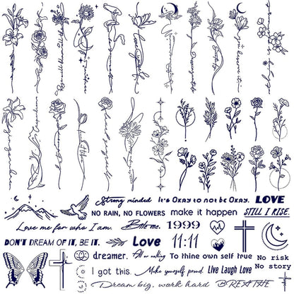 CHARLENT Semi-Permanent Tattoos for Adults – 2 Weeks Long Lasting Small Flower Words Tattoos, Minimal Line Art, Waterproof & Fades Naturally