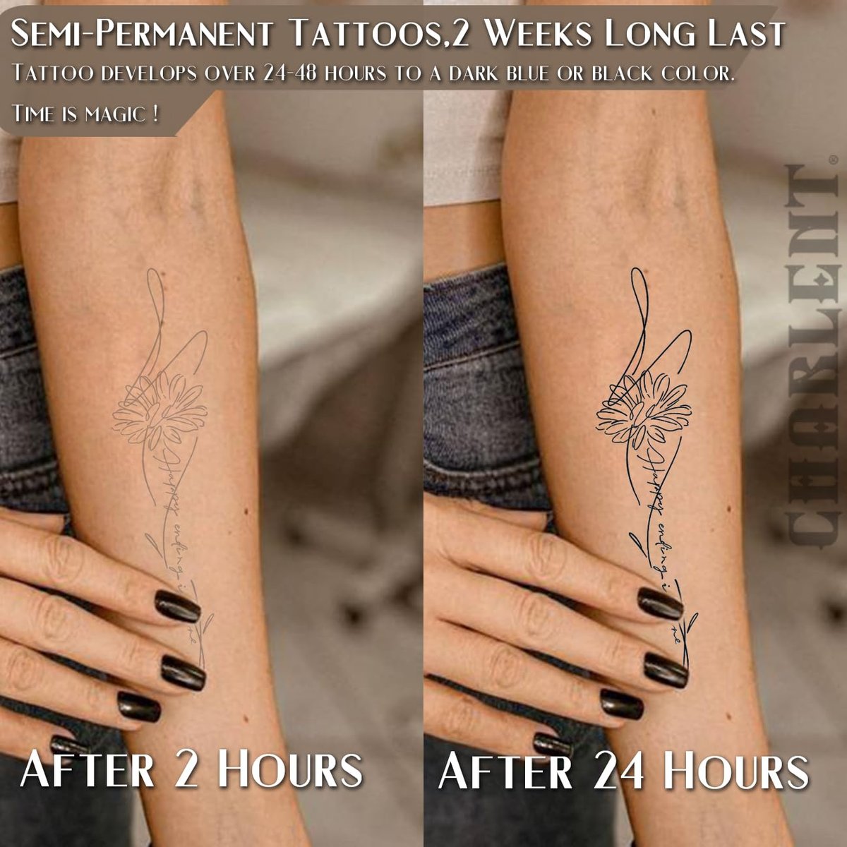 CHARLENT Semi-Permanent Tattoos for Adults – 2 Weeks Long Lasting Small Flower Words Tattoos, Minimal Line Art, Waterproof & Fades Naturally - görsel 3