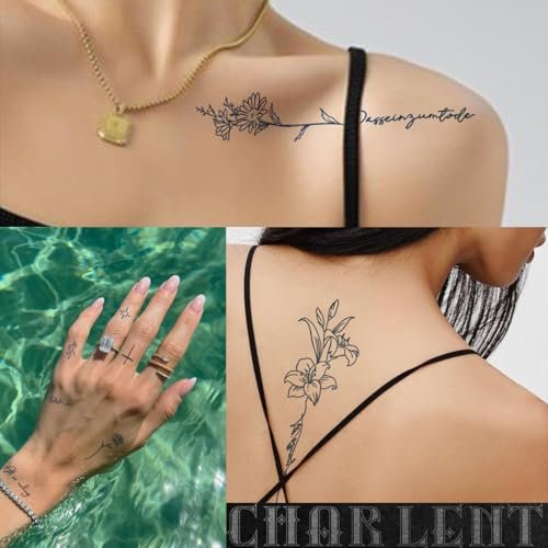CHARLENT Semi-Permanent Tattoos for Adults – 2 Weeks Long Lasting Small Flower Words Tattoos, Minimal Line Art, Waterproof & Fades Naturally - görsel 12