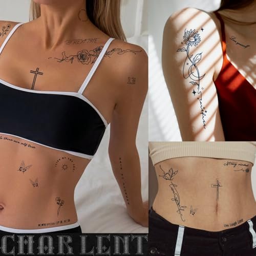 CHARLENT Semi-Permanent Tattoos for Adults – 2 Weeks Long Lasting Small Flower Words Tattoos, Minimal Line Art, Waterproof & Fades Naturally - görsel 10