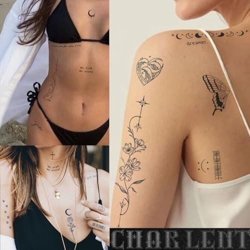 CHARLENT Semi-Permanent Tattoos for Adults – 2 Weeks Long Lasting Small Flower Words Tattoos, Minimal Line Art, Waterproof & Fades Naturally - görsel 8